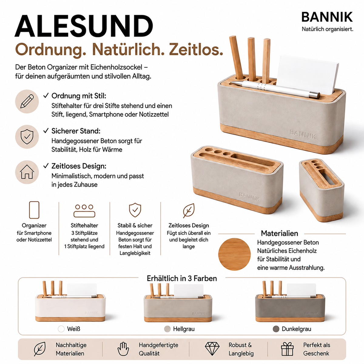 Alesund Schreibtisch-Organizer aus Beton und Eiche, Ansicht 5