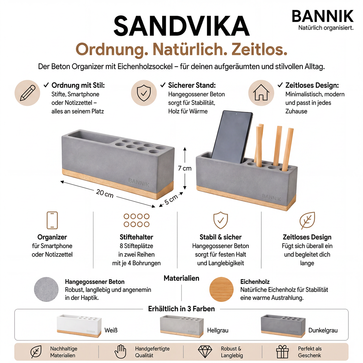 Sandvika Schreibtisch-Organizer aus Beton und Eiche, Ansicht 5