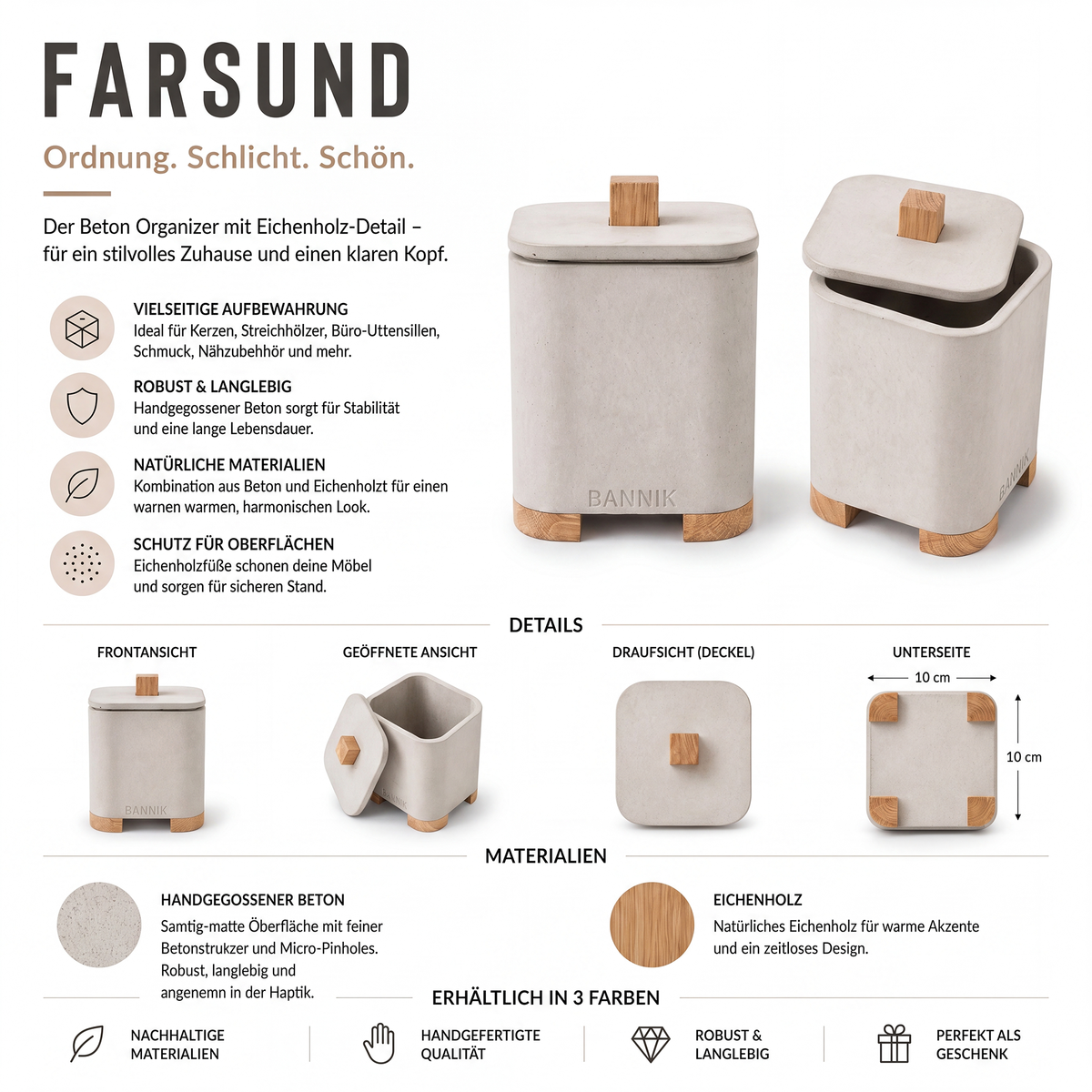 Farsund Aufbewahrungsdose aus Beton mit Eichendeckel, Ansicht 5